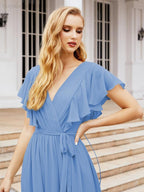 Numbersea Women's Open Back Formal Evening Party Prom Gowns V-Neck Long Chiffon Bridesmaid Dresses with Waist Belt 28038-numbersea