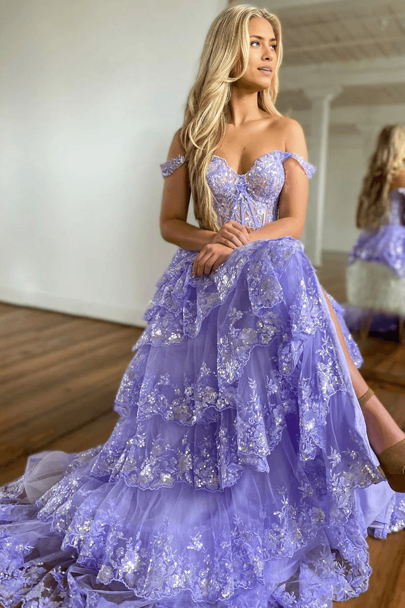 Vestido de fiesta princesa línea A con hombros descubiertos y corsé con encaje