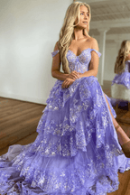 Vestido de fiesta princesa línea A con hombros descubiertos y corsé con encaje