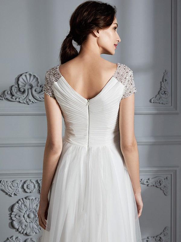 Wedding Dresses Princess V-neck Short Sleeves Asymmetrical Tulle