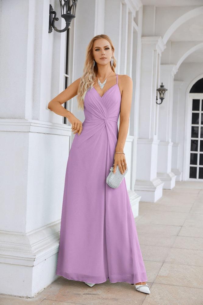 Ladies Chiffon Spaghetti Strap V Neck Front Slit Floor Length Bridesmaid Evening Dress Prom Party Wedding Evening Dress 28116-numbersea