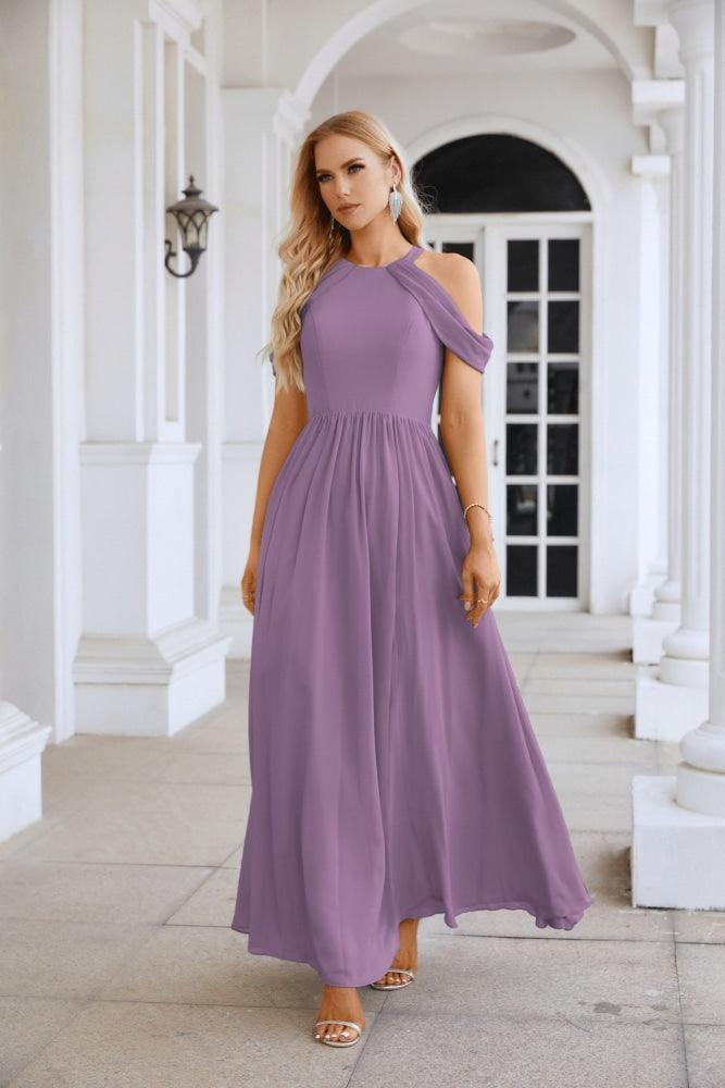 Ladies Chiffon Off Shoulder Swing Sleeve Front Slit Bridesmaid Evening Dress Wedding Party Evening Dress 28117-numbersea