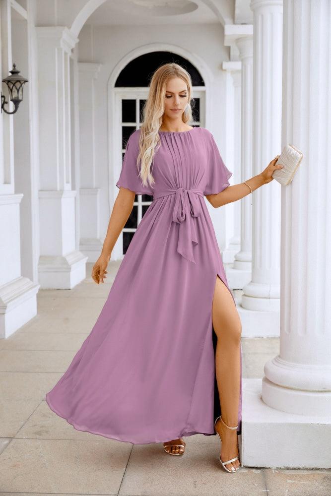 Ladies Chiffon Sleeve Crew Neck Front Slit Floor Length Bridesmaid Evening Dress Wedding Party Evening Dress 28124-numbersea