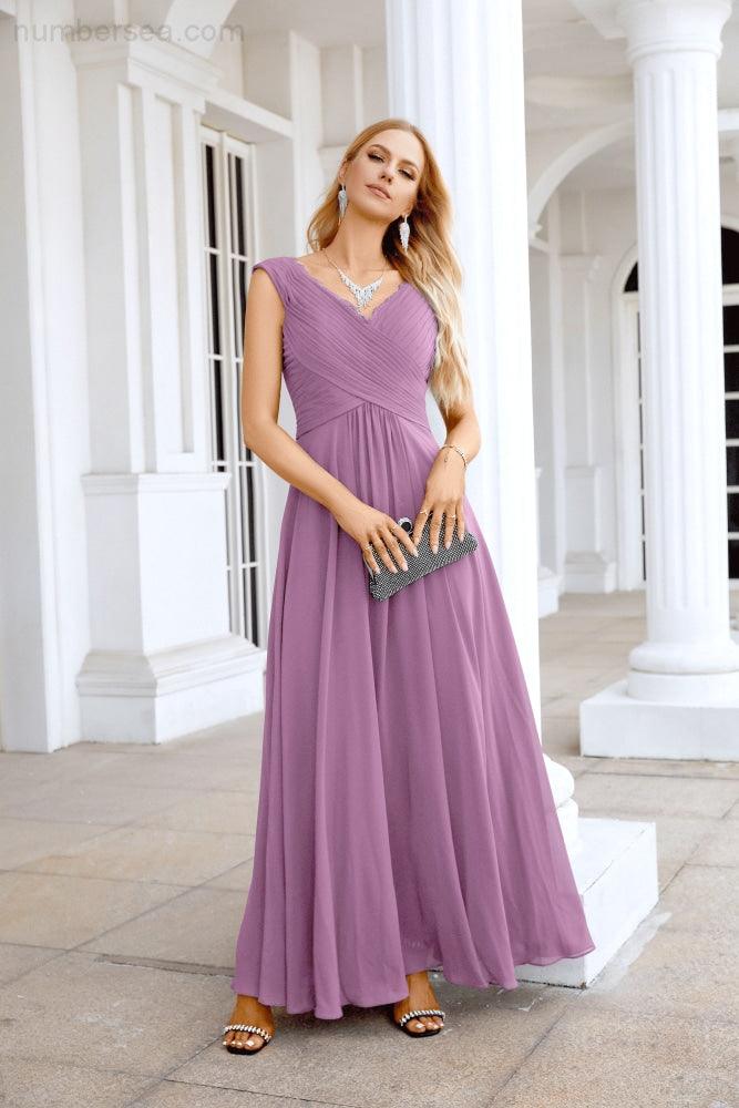 Ladies Chiffon V Neck Sleeveless Floor Length Bridesmaid Evening Dress Wedding Party Evening Dress 28126-numbersea