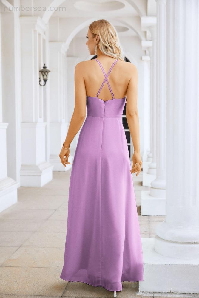 Ladies Chiffon Spaghetti Strap V Neck Front Slit Floor Length Bridesmaid Evening Dress Prom Party Wedding Evening Dress 28116-numbersea