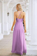 Ladies Chiffon Spaghetti Strap V Neck Front Slit Floor Length Bridesmaid Evening Dress Prom Party Wedding Evening Dress 28116-numbersea
