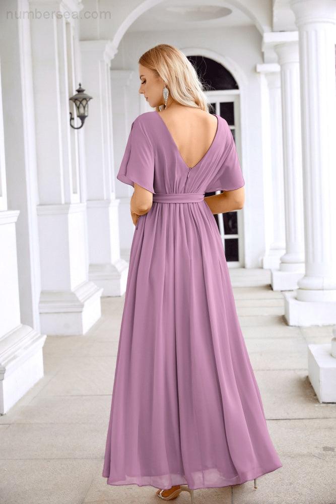 Ladies Chiffon Sleeve Crew Neck Front Slit Floor Length Bridesmaid Evening Dress Wedding Party Evening Dress 28124-numbersea