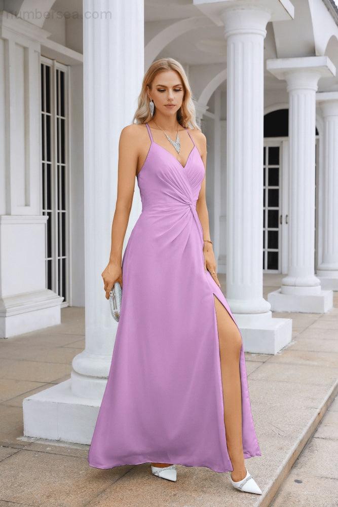 Ladies Chiffon Spaghetti Strap V Neck Front Slit Floor Length Bridesmaid Evening Dress Prom Party Wedding Evening Dress 28116-numbersea