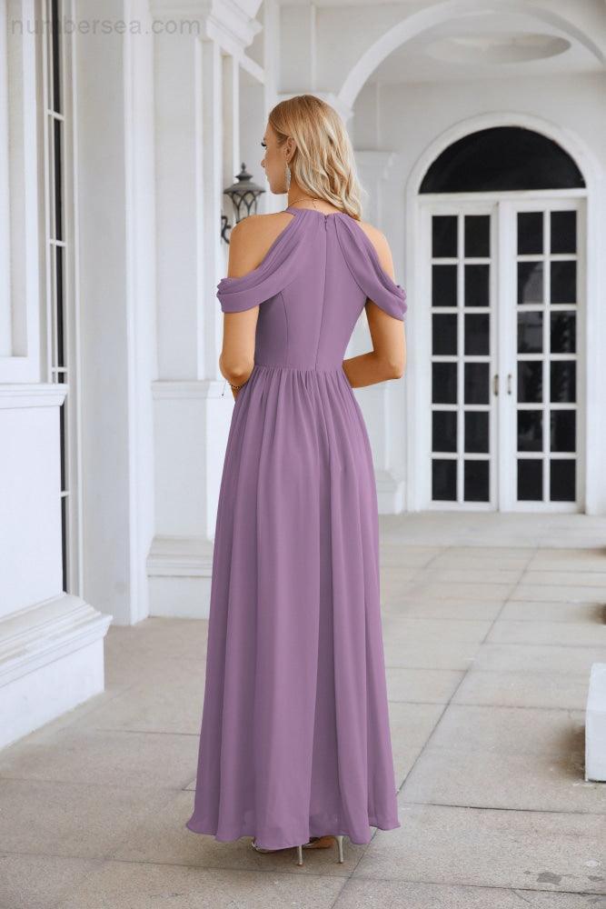 Ladies Chiffon Off Shoulder Swing Sleeve Front Slit Bridesmaid Evening Dress Wedding Party Evening Dress 28117-numbersea