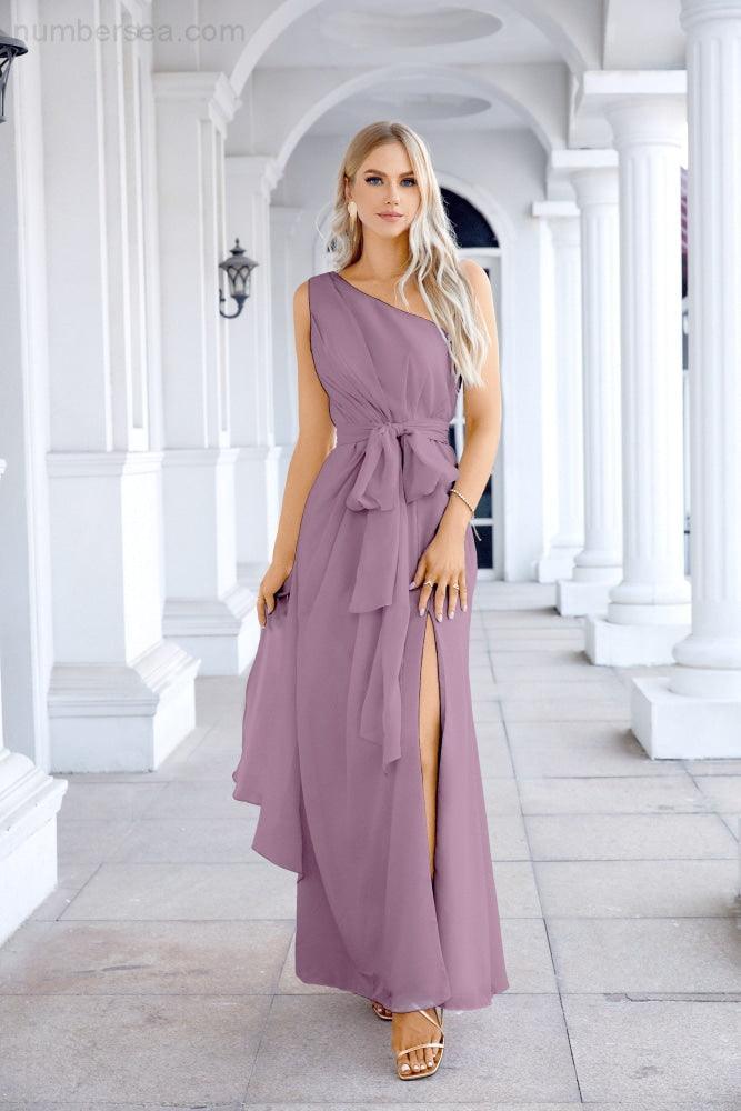 Ladies Chiffon One Shoulder Bridesmaid Evening Dress Wedding Party Evening Dress 28133-numbersea