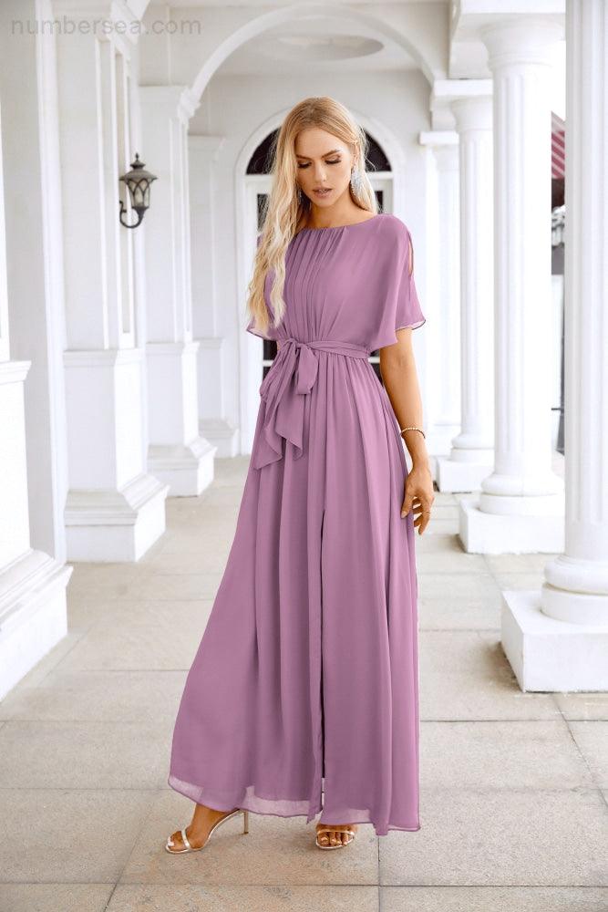Ladies Chiffon Sleeve Crew Neck Front Slit Floor Length Bridesmaid Evening Dress Wedding Party Evening Dress 28124-numbersea