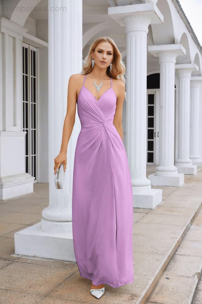 Ladies Chiffon Spaghetti Strap V Neck Front Slit Floor Length Bridesmaid Evening Dress Prom Party Wedding Evening Dress 28116-numbersea