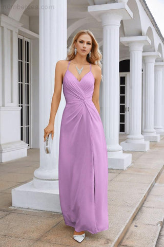 Ladies Chiffon Spaghetti Strap V Neck Front Slit Floor Length Bridesmaid Evening Dress Prom Party Wedding Evening Dress 28116-numbersea