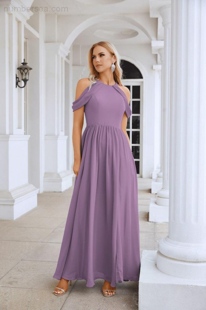 Ladies Chiffon Off Shoulder Swing Sleeve Front Slit Bridesmaid Evening Dress Wedding Party Evening Dress 28117-numbersea