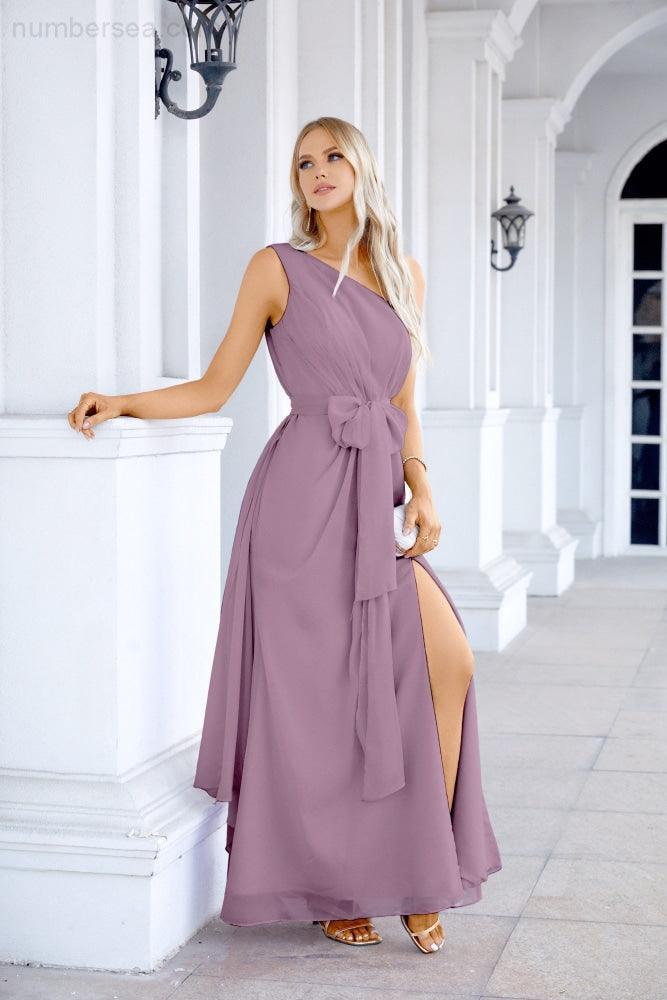 Ladies Chiffon One Shoulder Bridesmaid Evening Dress Wedding Party Evening Dress 28133-numbersea
