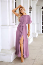 Ladies Chiffon Sleeve Crew Neck Front Slit Floor Length Bridesmaid Evening Dress Wedding Party Evening Dress 28124-numbersea