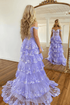 Vestido de fiesta princesa línea A con hombros descubiertos y corsé con encaje