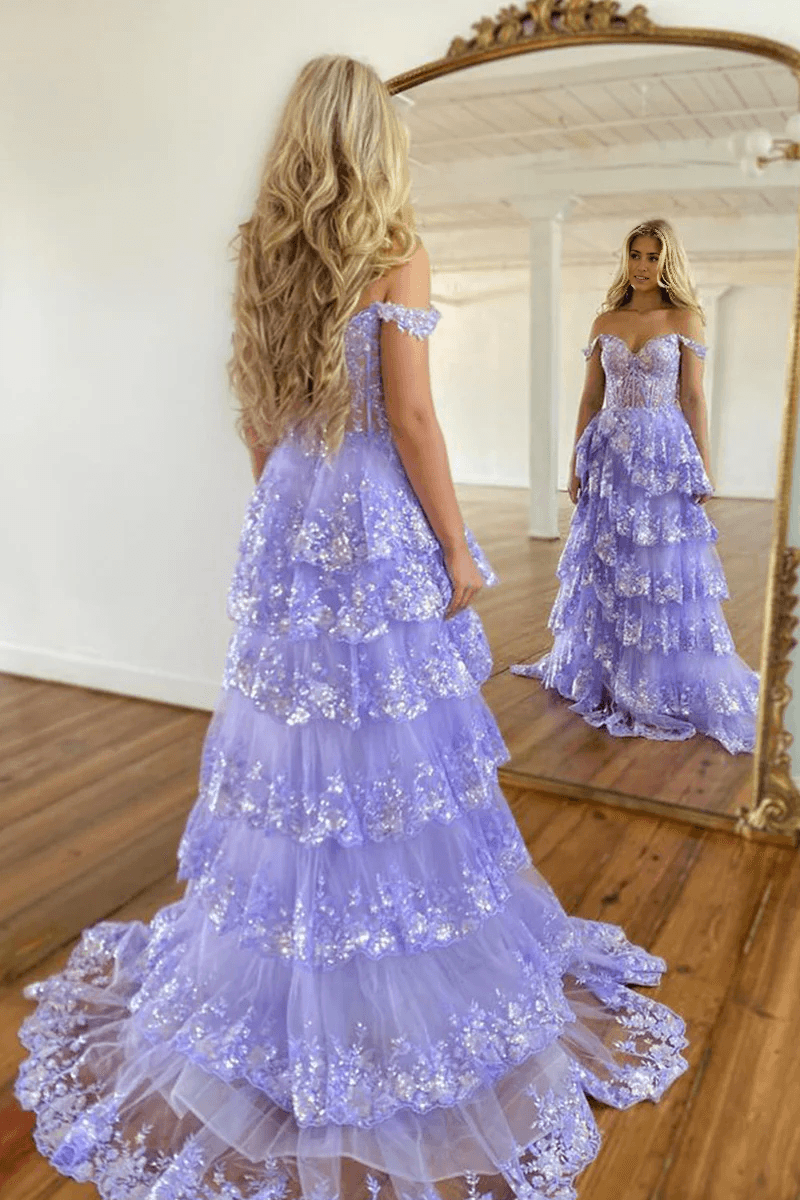 Vestido de fiesta princesa línea A con hombros descubiertos y corsé con encaje