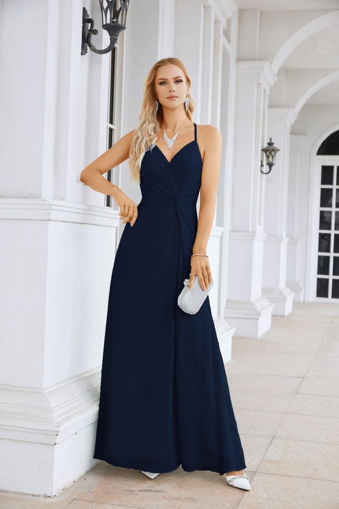 Ladies Chiffon Spaghetti Strap V Neck Front Slit Floor Length Bridesmaid Evening Dress Prom Party Wedding Evening Dress 28116-numbersea