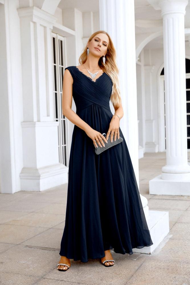 Ladies Chiffon V Neck Sleeveless Floor Length Bridesmaid Evening Dress Wedding Party Evening Dress 28126-numbersea