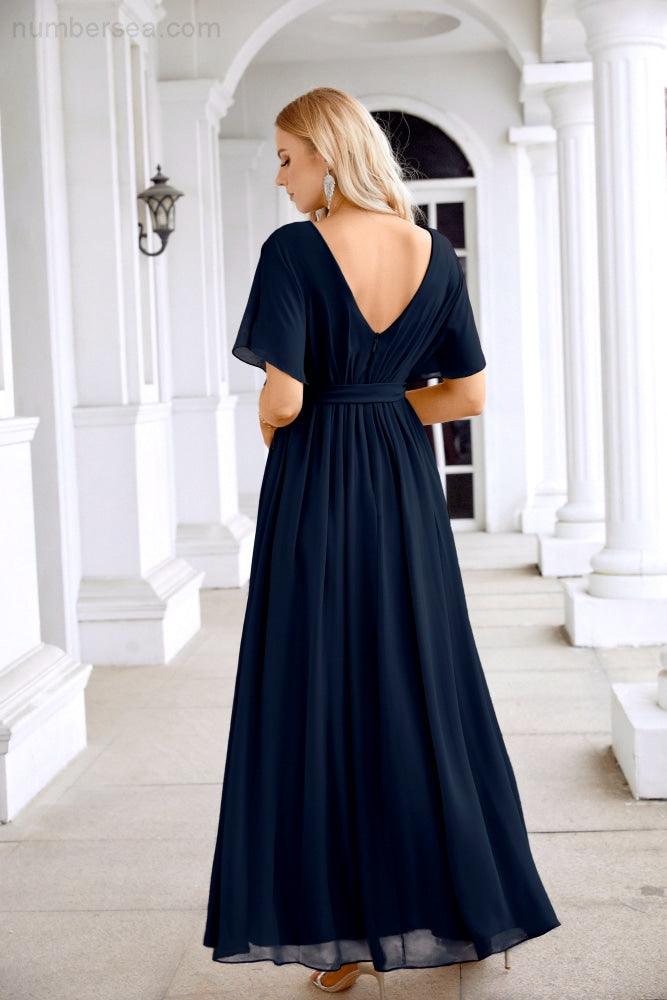 Ladies Chiffon Sleeve Crew Neck Front Slit Floor Length Bridesmaid Evening Dress Wedding Party Evening Dress 28124-numbersea