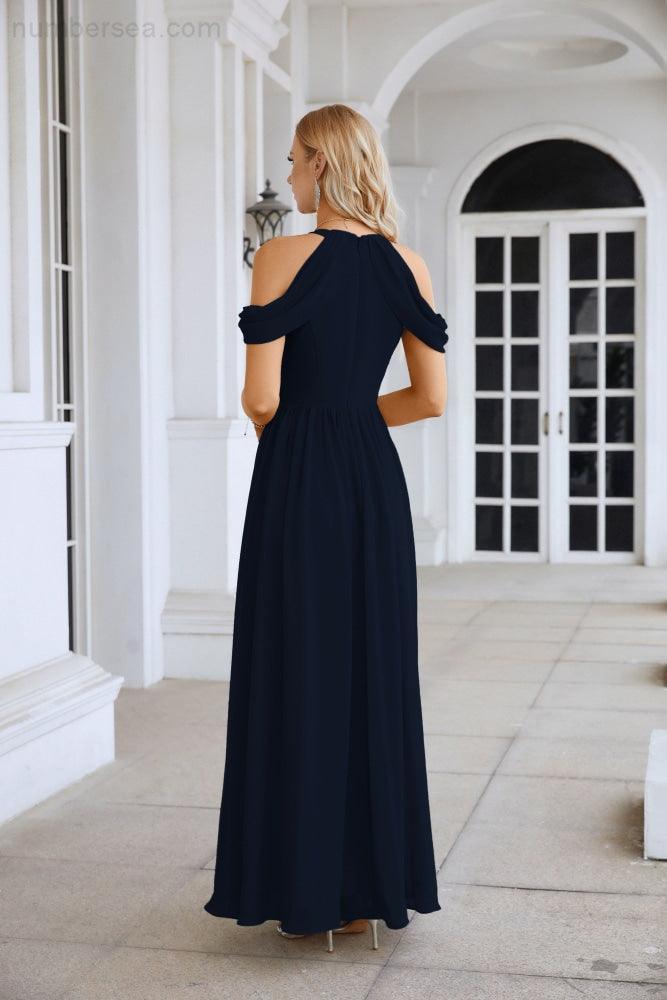 Ladies Chiffon Off Shoulder Swing Sleeve Front Slit Bridesmaid Evening Dress Wedding Party Evening Dress 28117-numbersea