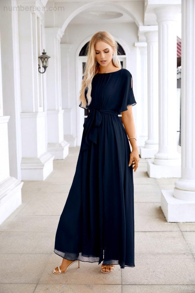 Ladies Chiffon Sleeve Crew Neck Front Slit Floor Length Bridesmaid Evening Dress Wedding Party Evening Dress 28124-numbersea