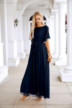 Ladies Chiffon Sleeve Crew Neck Front Slit Floor Length Bridesmaid Evening Dress Wedding Party Evening Dress 28124-numbersea