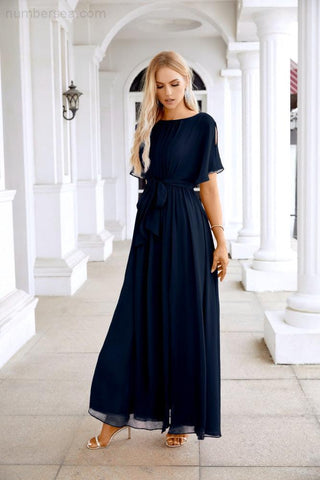 Ladies Chiffon Sleeve Crew Neck Front Slit Floor Length Bridesmaid Evening Dress Wedding Party Evening Dress 28124-numbersea