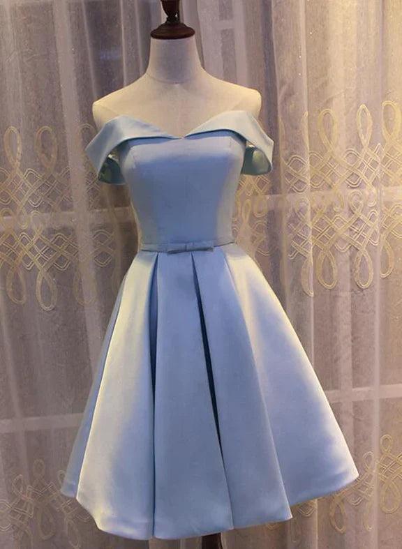 Vestido de dama de honor de satén azul claro con hombros descubiertos, vestido formal corto azul