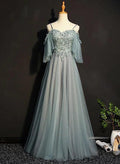 Vestido de fiesta verde claro de tul con corte en A y hombros descubiertos, vestido largo de fiesta