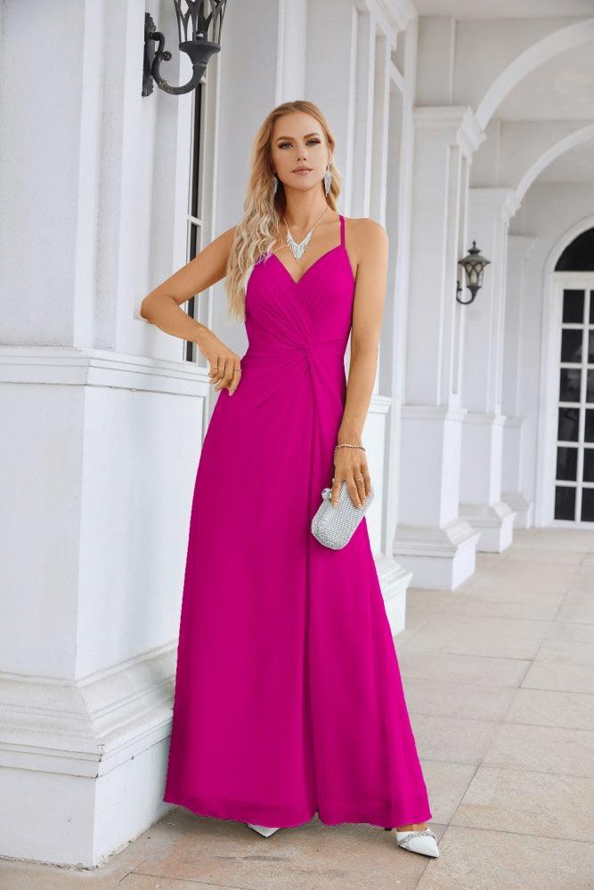 Ladies Chiffon Spaghetti Strap V Neck Front Slit Floor Length Bridesmaid Evening Dress Prom Party Wedding Evening Dress 28116-numbersea