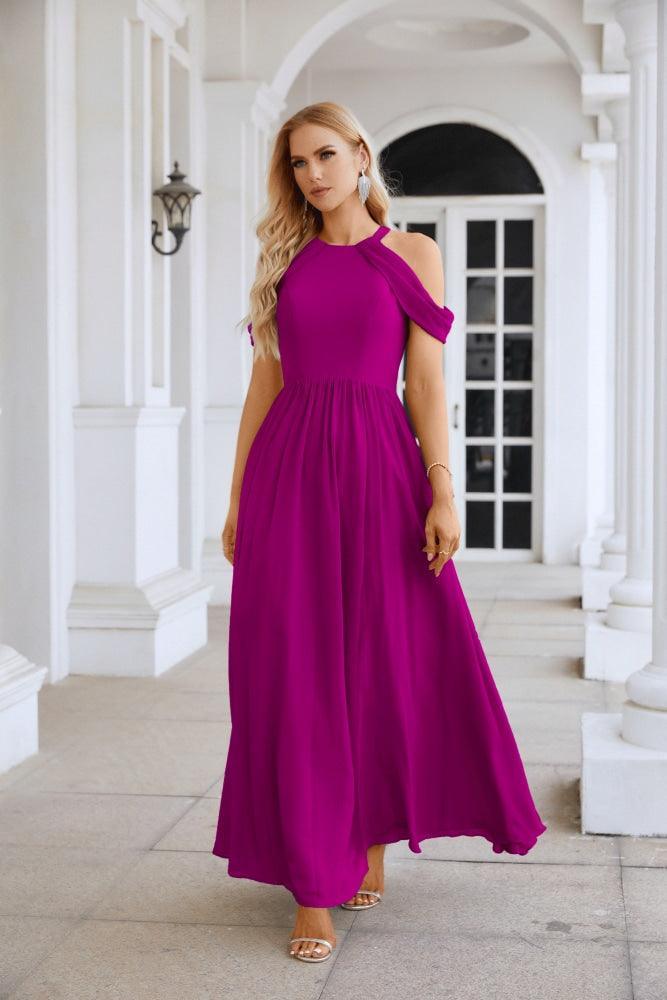 Ladies Chiffon Off Shoulder Swing Sleeve Front Slit Bridesmaid Evening Dress Wedding Party Evening Dress 28117-numbersea