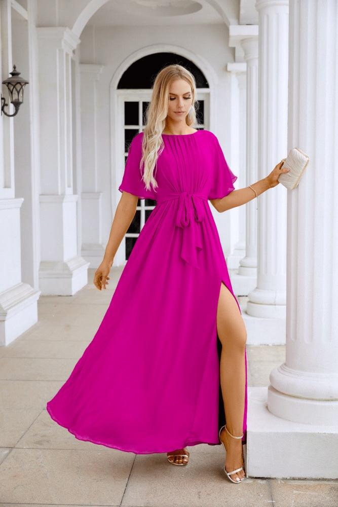 Ladies Chiffon Sleeve Crew Neck Front Slit Floor Length Bridesmaid Evening Dress Wedding Party Evening Dress 28124-numbersea