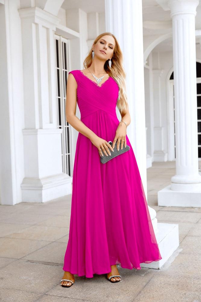 Ladies Chiffon V Neck Sleeveless Floor Length Bridesmaid Evening Dress Wedding Party Evening Dress 28126-numbersea