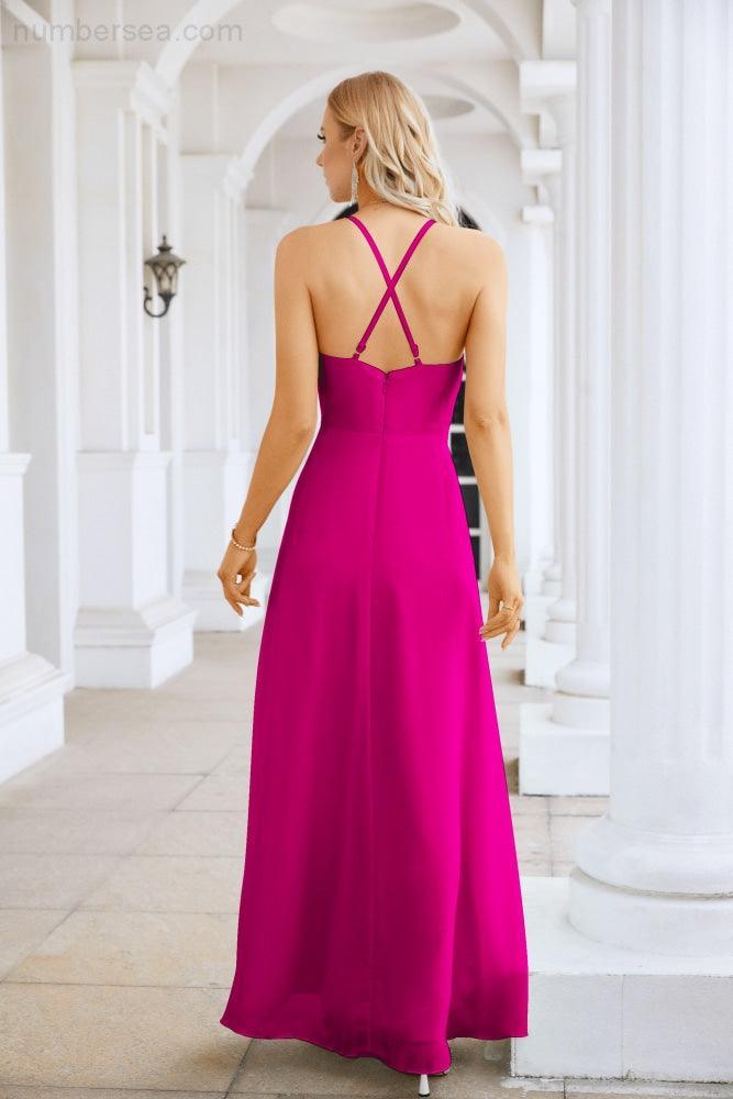 Ladies Chiffon Spaghetti Strap V Neck Front Slit Floor Length Bridesmaid Evening Dress Prom Party Wedding Evening Dress 28116-numbersea
