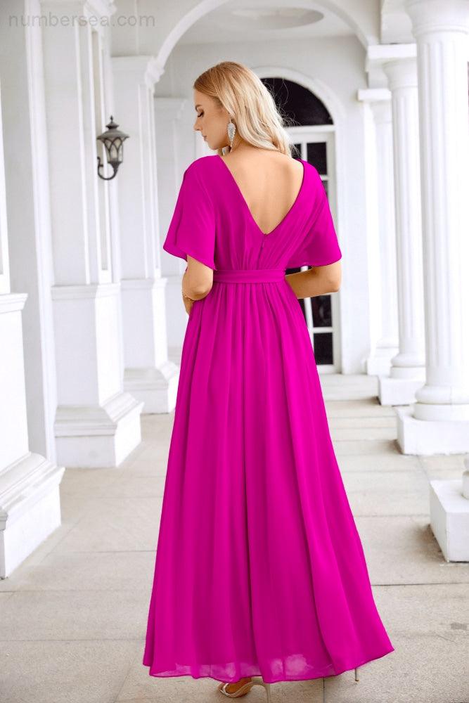 Ladies Chiffon Sleeve Crew Neck Front Slit Floor Length Bridesmaid Evening Dress Wedding Party Evening Dress 28124-numbersea