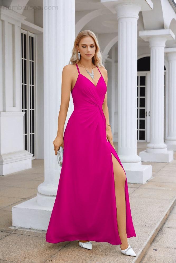 Ladies Chiffon Spaghetti Strap V Neck Front Slit Floor Length Bridesmaid Evening Dress Prom Party Wedding Evening Dress 28116-numbersea