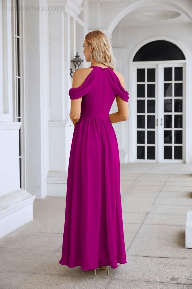 Ladies Chiffon Off Shoulder Swing Sleeve Front Slit Bridesmaid Evening Dress Wedding Party Evening Dress 28117-numbersea