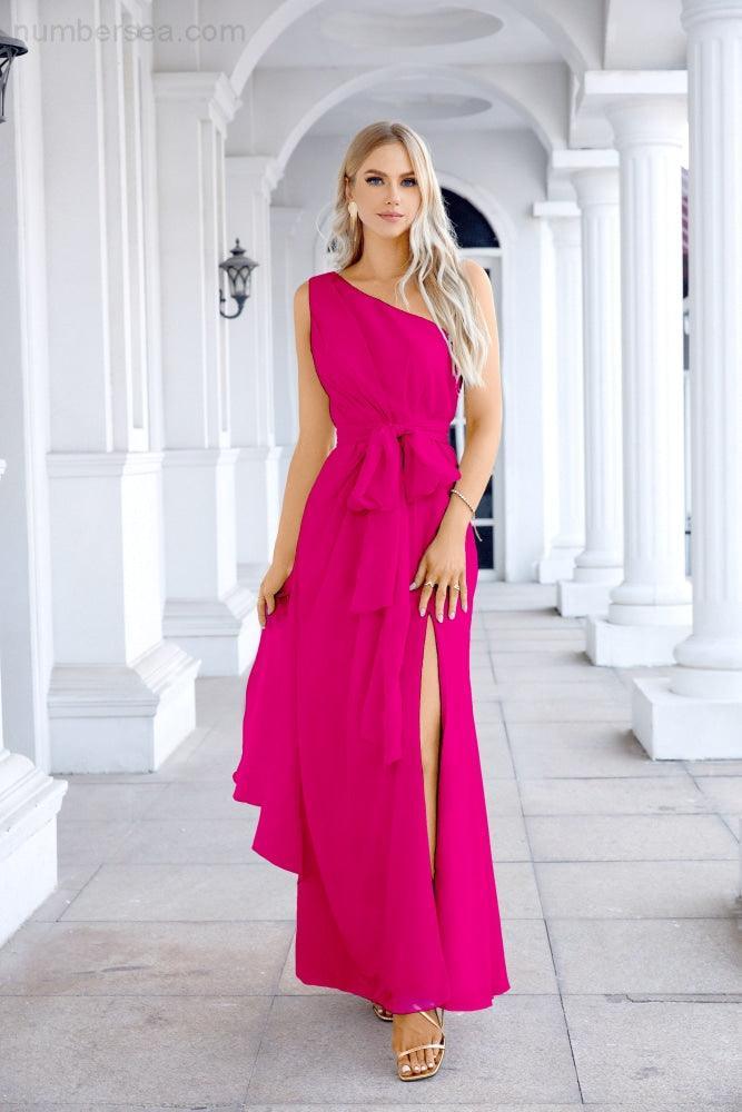 Ladies Chiffon One Shoulder Bridesmaid Evening Dress Wedding Party Evening Dress 28133-numbersea