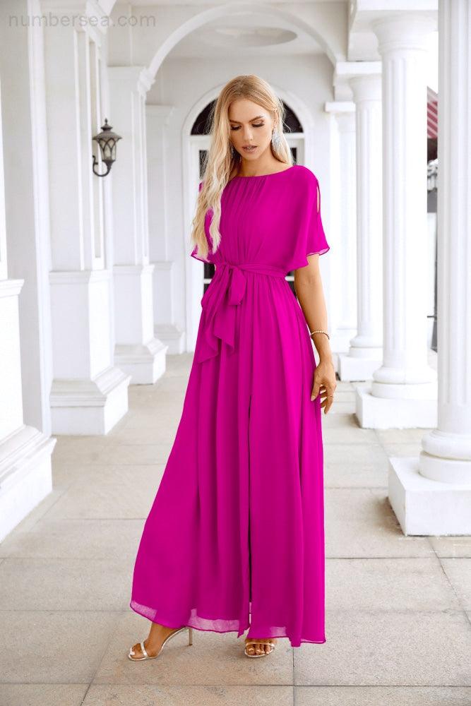 Ladies Chiffon Sleeve Crew Neck Front Slit Floor Length Bridesmaid Evening Dress Wedding Party Evening Dress 28124-numbersea