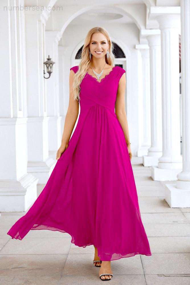 Ladies Chiffon V Neck Sleeveless Floor Length Bridesmaid Evening Dress Wedding Party Evening Dress 28126-numbersea