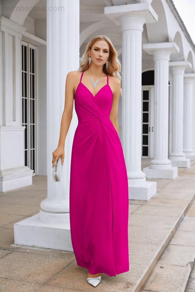 Ladies Chiffon Spaghetti Strap V Neck Front Slit Floor Length Bridesmaid Evening Dress Prom Party Wedding Evening Dress 28116-numbersea