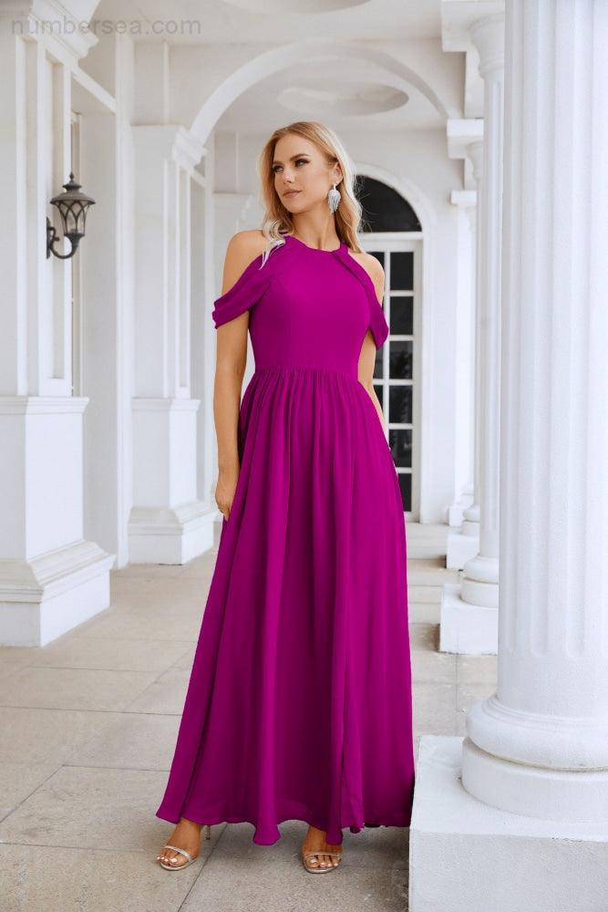 Ladies Chiffon Off Shoulder Swing Sleeve Front Slit Bridesmaid Evening Dress Wedding Party Evening Dress 28117-numbersea