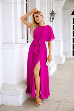 Ladies Chiffon Sleeve Crew Neck Front Slit Floor Length Bridesmaid Evening Dress Wedding Party Evening Dress 28124-numbersea