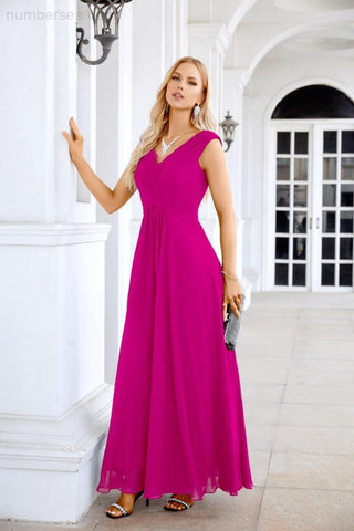 Ladies Chiffon V Neck Sleeveless Floor Length Bridesmaid Evening Dress Wedding Party Evening Dress 28126-numbersea