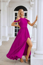 Ladies Chiffon Off Shoulder Swing Sleeve Front Slit Bridesmaid Evening Dress Wedding Party Evening Dress 28117-numbersea