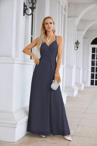 Ladies Chiffon Spaghetti Strap V Neck Front Slit Floor Length Bridesmaid Evening Dress Prom Party Wedding Evening Dress 28116-numbersea