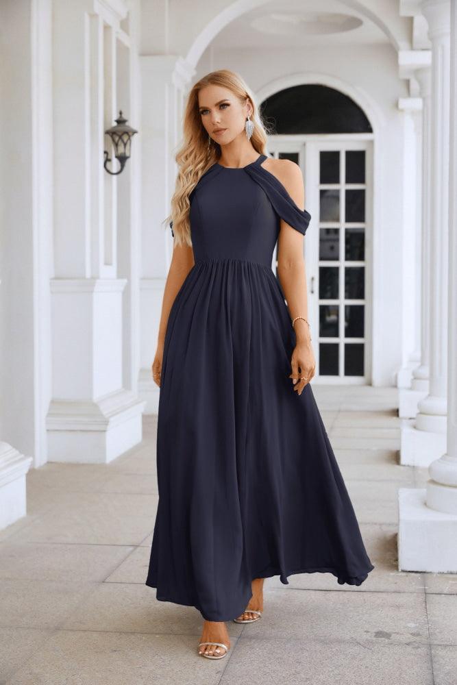 Ladies Chiffon Off Shoulder Swing Sleeve Front Slit Bridesmaid Evening Dress Wedding Party Evening Dress 28117-numbersea