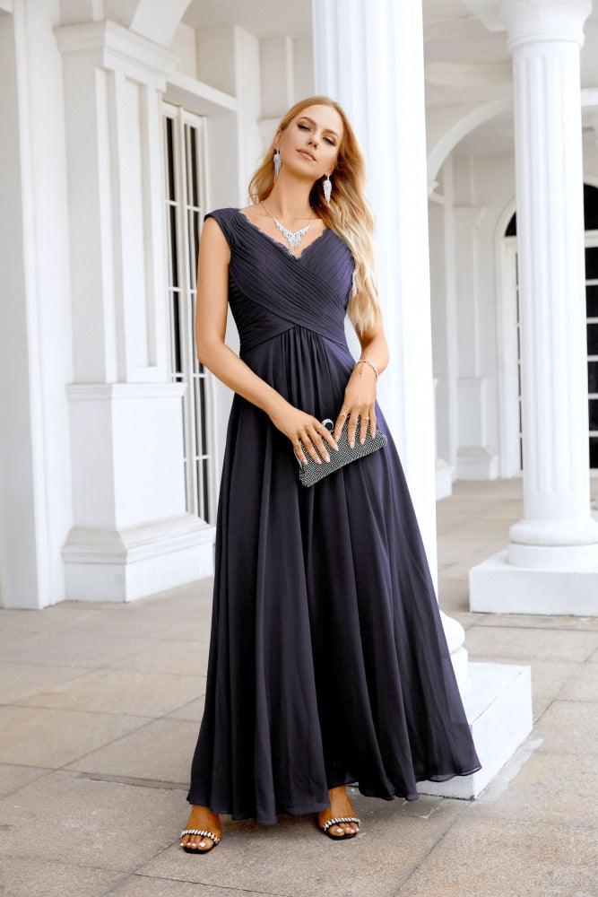 Ladies Chiffon V Neck Sleeveless Floor Length Bridesmaid Evening Dress Wedding Party Evening Dress 28126-numbersea